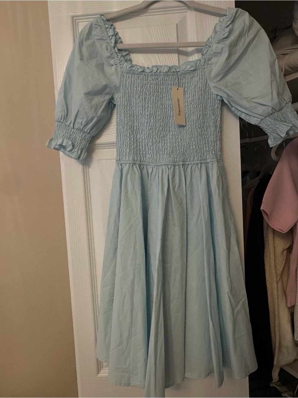 Francesca's Collections Light Blue Smocked Puff Sleeve Mini Dress - Picture 2 of 2